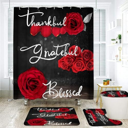 Onalasyc 4Pcs Red Rose Floral Shower Curtain with Rugs Set