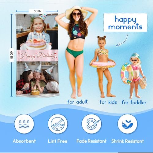 JML Birthday Gifts for Mom Dad Daughter Son, Personalized Beach Towel with Photo Text, Custom Beach Towel Gift for Mother's Day, Anniversary, Family Day, Summer Holiday, Vacation