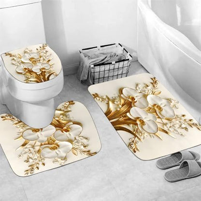Chrainy 4pcs Golden Floral Shower Cutain Bathroom Decor Sets with Rugs