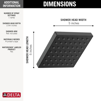 Delta Faucet Modern 5-inch Single-Spray Shower Head, Black Square Shower Head, High Pressure Shower Head, 1.75 GPM Flow Rate, Matte Black RP101846BL