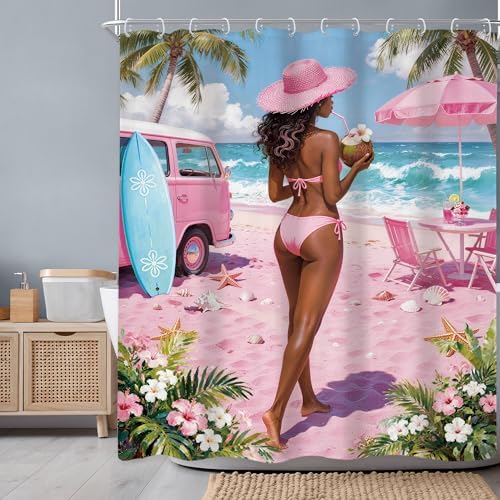 Coastal Fish Seashell Pink Summer Beach Coconut Bathroom Shower Curtain Set