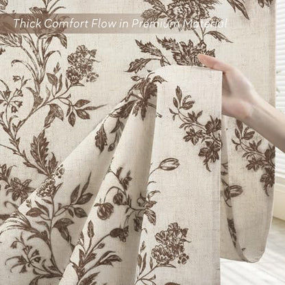 Brown Floral Shower Curtain,Vintage Linen Beige Cottagecore Shower Curtains for Bathroom, 72" W x 72" L