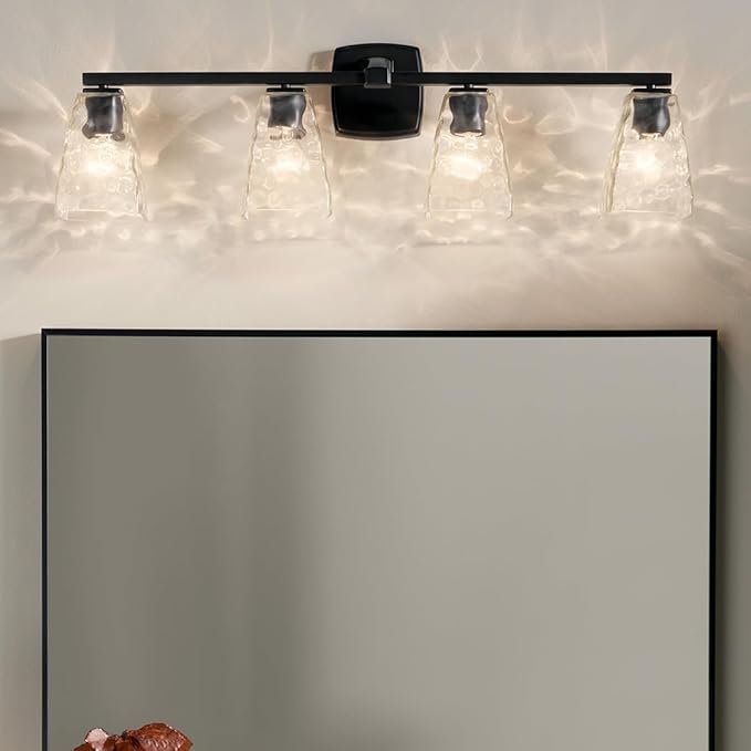 Kichler Marant 33.25" 4-Light Vanity Light with Clear Water Glass in Black, for Bathroom, Powder Room, Over a Mirror, (33.25" W x 9.5" H), 55217BKWTR
