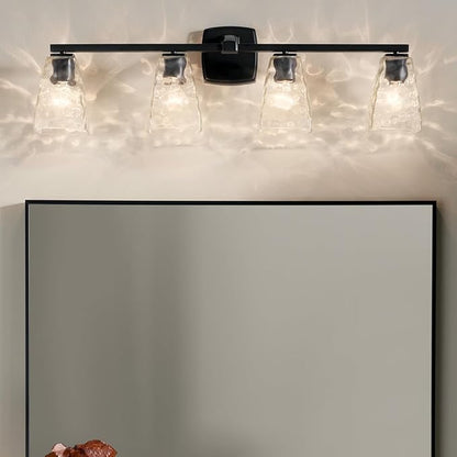 Kichler Marant 33.25" 4-Light Vanity Light with Clear Water Glass in Black, for Bathroom, Powder Room, Over a Mirror, (33.25" W x 9.5" H), 55217BKWTR