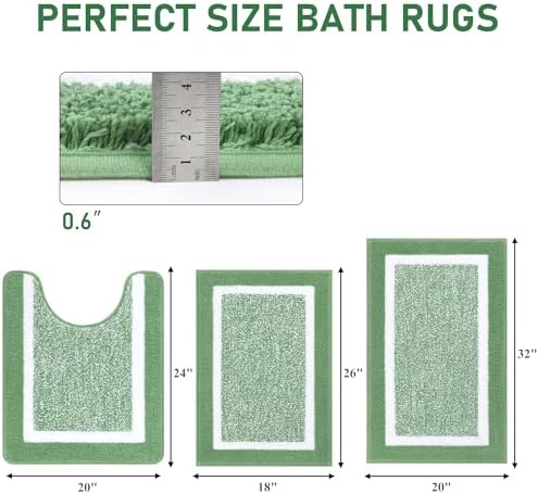 Pauwer 3 Piece Bathroom Rug Set, Non Slip Washable Bath Mat, Green