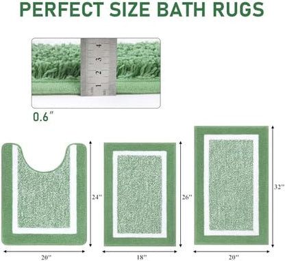 Pauwer 3 Piece Bathroom Rug Set, Non Slip Washable Bath Mat, Green