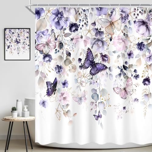 Purple Floral Butterfly Summer Spring Plant Bathroom Shower Curtain Set