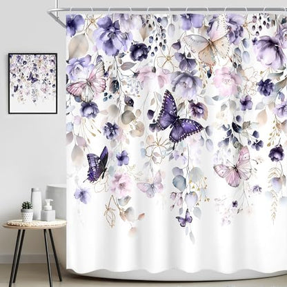 Purple Floral Butterfly Summer Spring Plant Bathroom Shower Curtain Set