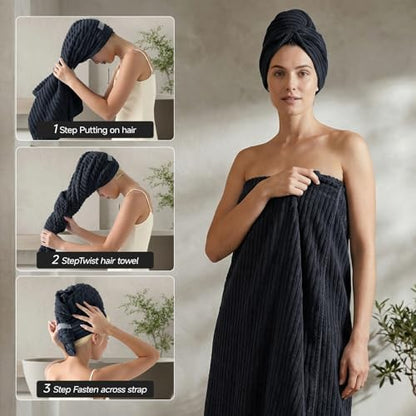 REDKISS Black Bath Towels Set 8 Piece - Microfiber Bathroom Towels of 8 Large, Highly Absorbent Bath Towel, Soft Shower Towel for Bathroom, Hotel 2 Bath Sheet 2 Hand 2 Washcloths 2 Hair Towel Wrap