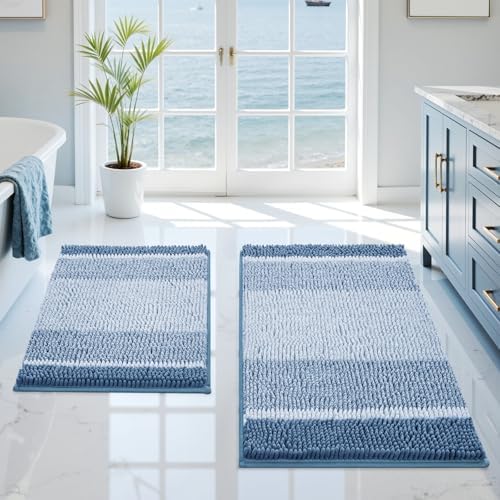 HOMEIDEAS Blue Bathroom Rugs Set, Striped Chenille, 20"x32"+17"x24"