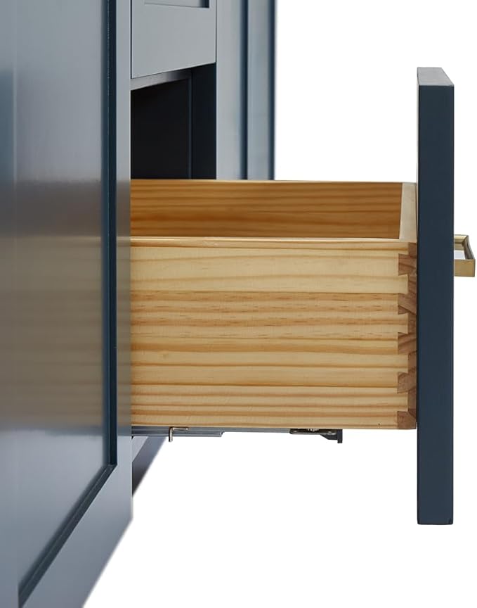 DKB Bradford 72 Inch Bathroom Vanity Double Sink — Midnight Blue Bathroom Vanity with Sink, 1.5" Edge Pure White Quartz Countertop & Backsplash, 4 Soft-Close Doors, and 3 Dovetail Drawers