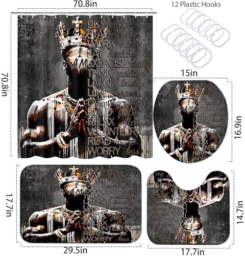 4Pcs Cool Black King Shower Curtain Set with Shower Curtain and Rug Toilet Lid Cover Bath Mat, Inspirational Quote African American King Fathers Day Bathroom Decor Shower Curtains for Man