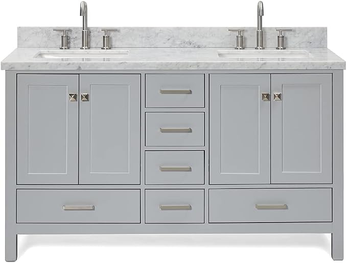 ARIEL Cambridge 60-inch Bathroom Vanity with Sink,Solid Wood, 1.5-inch Italian Carrara Marble Countertop, Double Rectangular Porcelain Sink, 4 Soft Closing Doors, 6 Dovetail Drawers, Grey