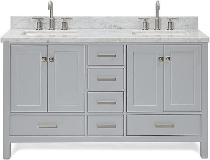 ARIEL Cambridge 60-inch Bathroom Vanity with Sink,Solid Wood, 1.5-inch Italian Carrara Marble Countertop, Double Rectangular Porcelain Sink, 4 Soft Closing Doors, 6 Dovetail Drawers, Grey