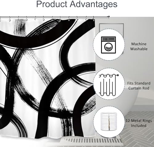 Abstract Modern Shower Curtain 60Wx72L Inch Black White Minimalist Contemporary Art Line Neutral Simple Bathroom Set Accessories Decor with 12 Pack Hooks