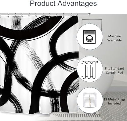 Abstract Modern Shower Curtain 60Wx72L Inch Black White Minimalist Contemporary Art Line Neutral Simple Bathroom Set Accessories Decor with 12 Pack Hooks