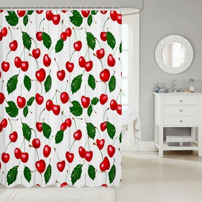 Feelyou Fruit Bathroom Waterproof Accessories with Hooks Cherry Pattern Design Fabric Shower Curtains for Kids Boys Girls Green Garden Shower Curtain Red White,72x84 Inches