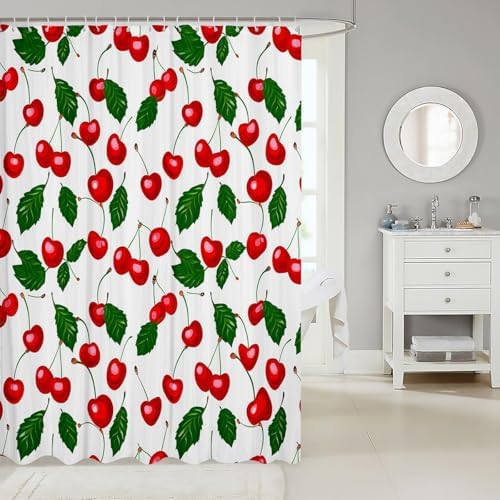 Feelyou Fruit Shower Curtain, Cherry Design Fresh Berry Fruit Summer Green Garden Digital Print, Botanical Leaves Fabric Bathroom Decor Set with Hooks, 72" W x 78" L, White Red Green