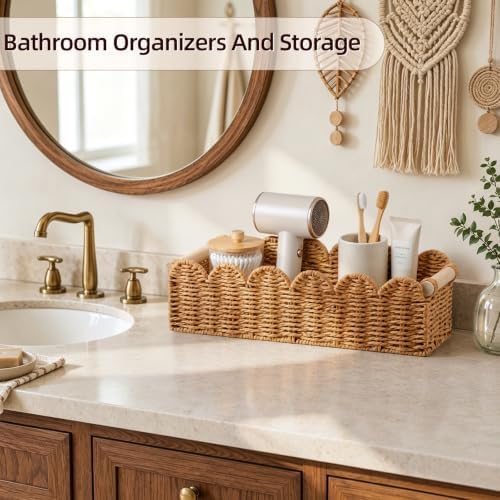 Bathroom Decor Farmhouse: Back of Toilet Basket - Bathroom Organizers and Storage for Bedroom Cottage Core Decor - Bathroom Accessories - Neutral Storage Wicker Basket for Home Decors Living Room