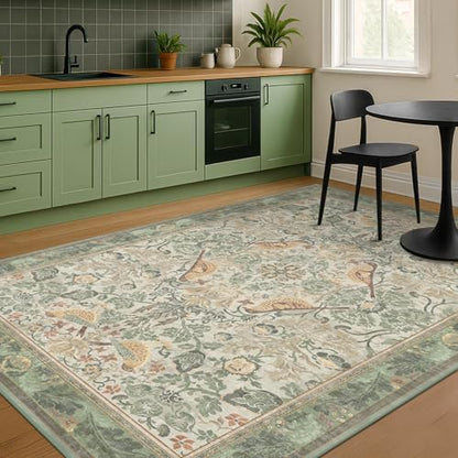 Hazo Haus Washable Living Room Rug 6x9 - Sage Floral Nature Area Rugs for Bedroom, Dining Room Kitchen Table Rug for Under Table, Office, Stain Resistant Non-Slip - Sage Green