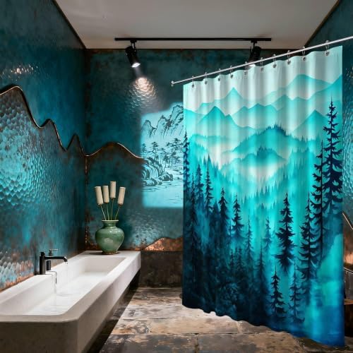 Dark Teal Forest Extra Long Shower Curtain, Tall 72X78 in, Mountain