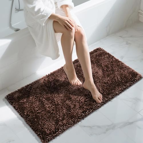 Yimobra Long Bathroom Rug Non Slip 44x24 Inch, Extra Thick Soft Absorbent Chenille Bath Mat, Machine Washable Quick Dry Bath Rugs for Bathroom Floor, Tub and Shower, Home Decor Accessories, Brown
