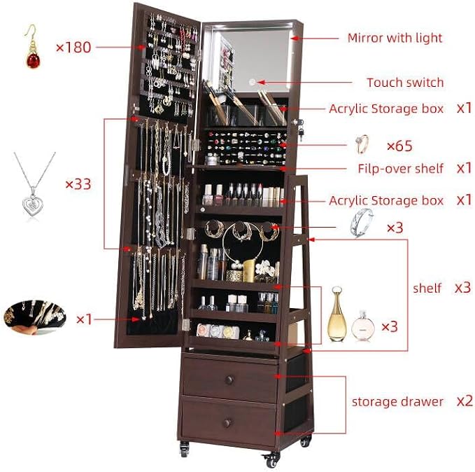 Standing Jewelry Cabinet with Lockable,Full Length Mirror with Storage | Large Capacity Jewelry Organizer Armoire Floor Mirror with Back Storage Shelves for Bedroom Brown