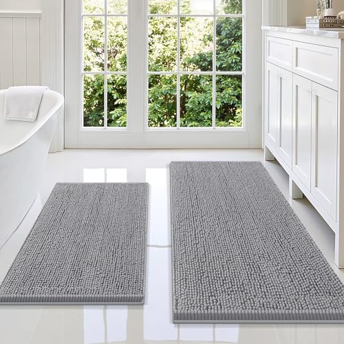 Smiry Chenille Bathroom Rugs Sets 2 Piece (47x20+30x20, Grey)