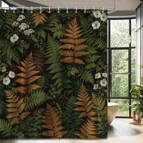 Botanical Fern Shower Curtain 72x72 Inch, Dark Green Nature Leaf Bathroom Curtain with Gold Fern Pattern Waterproof Fabric Bath Curtain Set with 12 Hooks for Home Decor