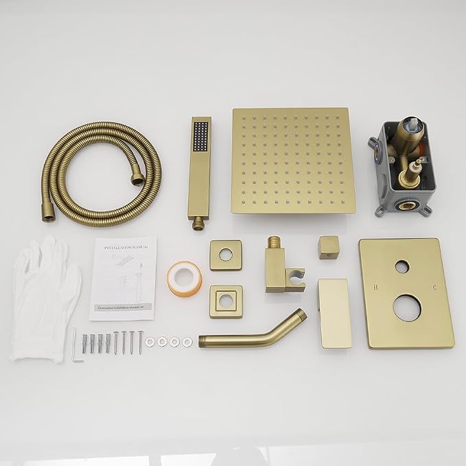 Brushed Gold Shower System with High Pressure 8'' Rainfall Shower Head, Handheld Shower head, Bathroom Luxury Rain Mixer Shower Combo Set Wall Mounted Shower Faucet Rough-in Valve and Trim Kit