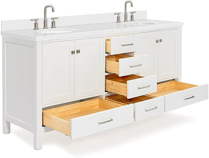 ARIEL Cambridge 72-inch Bathroom Vanity with Sink,Solid Wood, 1.5-inch Pure White Quartz Countertop & Backsplash, Double Oval Porcelain Sink, 4 Soft Closing Doors, 6 Dovetail Drawers, White