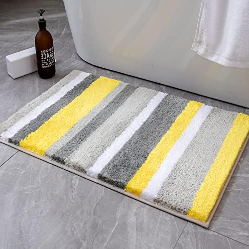 MIULEE Yellow Grey Bathroom Rug 20x30 Inch, Soft Thick Microfiber Striped Bath Mat, Non Slip Fluffy Plush Machine Washable Quick Dry for Bathroom Decor, Floor Tub and Shower