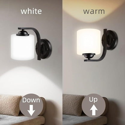Wall Sconce 2-Light, Modern Wall Lighting Fixture, Bathroom Vanity Lights with Matte Black Wall Lamp for Mirror Bedroom Kitchen Hallway Porch, Milky White Glass Shades, E26 Socket, Bulbs Not Included