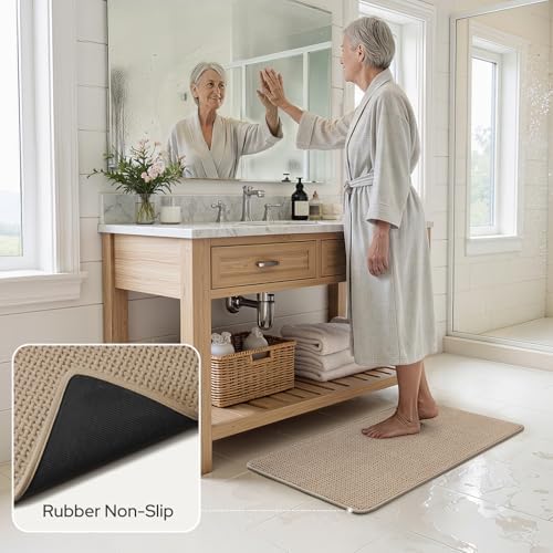 HOMEIDEAS Bathroom Rugs Set 2 Piece Thin Non Slip, Beige 17"x24"+20"x32"