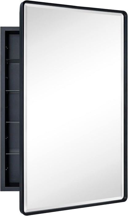 TEHOME Farmhouse Matt Black Recessed Bathroom Medicine Cabinet with Mirror Rounded Rectangle Metal Framed Medicine Cabinet with Beveled Mirror 24x36''
