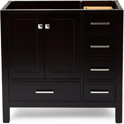 ARIEL Cambridge 36-inch Bathroom Vanity Base Cabinet,Solid Wood, 2 Soft Closing Doors, 5 Dovetail Drawers, Espresso