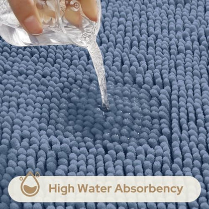 HOMEIDEAS Grey Blue Chenille Bathroom Rugs Set of 3, Non Slip Bath Mat