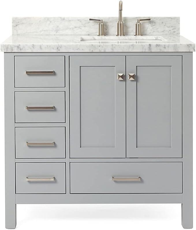 ARIEL Cambridge 36-inch Bathroom Vanity with Sink,Solid Wood, 1.5-inch Italian Carrara Marble Countertop, Single Rectangular Porcelain Sink, 2 Soft Closing Doors, 5 Dovetail Drawers, Grey