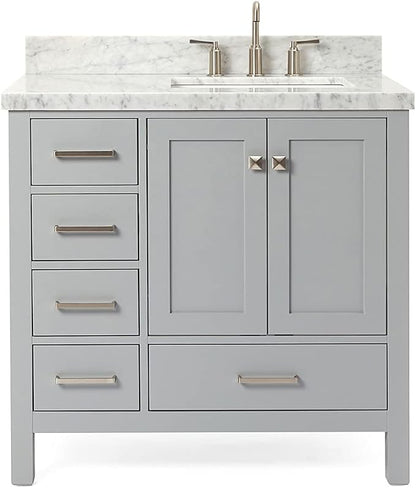 ARIEL Cambridge 36-inch Bathroom Vanity with Sink,Solid Wood, 1.5-inch Italian Carrara Marble Countertop, Single Rectangular Porcelain Sink, 2 Soft Closing Doors, 5 Dovetail Drawers, Grey