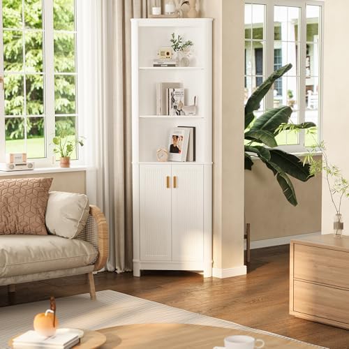 INNOD 69" Tall Corner Shelf with Doors, 6-Tier Corner Storage Cabinet with Doors, Space Saver Shelf for Bathroom, Bathroom Floor Cabinet for Living Room Kitchen, Hallway