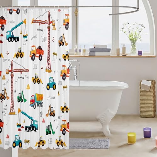Feelyou Construction Truck Shower Curtain Cartoon Excavator Vehicle Tractor Cars for Boys Kids Machinery Navy Blue Green Yellow Bathroom Decor Waterproof Fabric Decor with Hooks,72x72 Inches