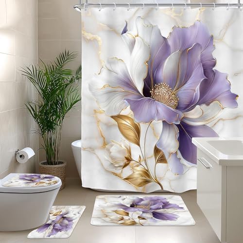 Purple Gold Marble Floral Modern 4Pcs Bathroom Shower Curtain Set with Rugs