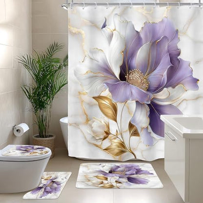 Purple Gold Marble Floral Modern 4Pcs Bathroom Shower Curtain Set with Rugs