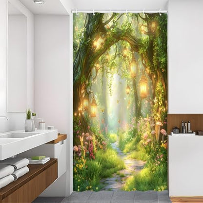 Fantasy Forest Path Shower Curtain Fairy Magical Enchanted Misty Jungle Mushroom Floral Tree Butterfly Lantern Spring Wonderland Bath Curtain Fabric Bathroom Accessories Decor with Hooks 35W x70L