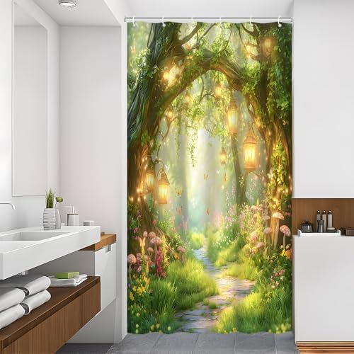 Fantasy Forest Path Shower Curtain Fairy Magical Enchanted Misty Jungle Mushroom Floral Tree Butterfly Lantern Spring Wonderland Bath Curtain Fabric Bathroom Accessories Decor with Hooks 47W x63L