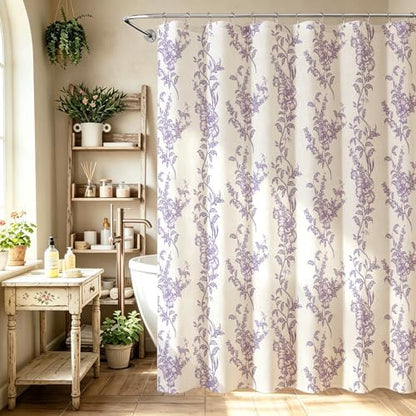 Purple Linen Farmhouse Shower Curtain, Boho Floral Bathroom 72x78