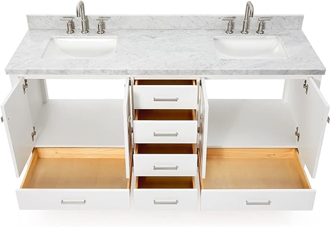 DKB Beckford 72 Inch Bathroom Vanity Double Sink — White Bathroom Vanity with Sink, 1.5" Edge Italian Carrara Marble Countertop & Backsplash, 4 Soft-Close Doors, 6 Dovetail Drawers