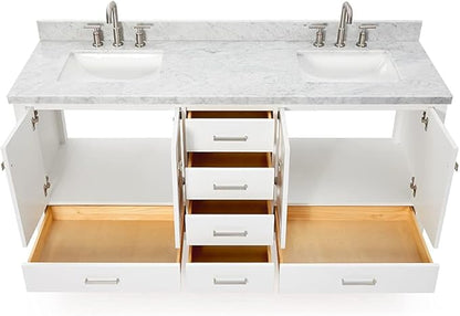 DKB Beckford 72 Inch Bathroom Vanity Double Sink — White Bathroom Vanity with Sink, 1.5" Edge Italian Carrara Marble Countertop & Backsplash, 4 Soft-Close Doors, 6 Dovetail Drawers