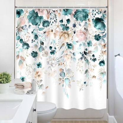 Floral Teal Green Eucalyptus Leaf Rustic Bathroom Shower Curtain Set