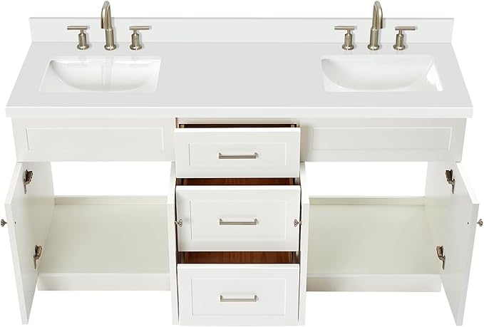 ARIEL Hamlet 66-inch Bathroom Vanity with Sink,Solid Wood, 1.5-inch Pure White Quartz Countertop & Backsplash, Double Rectangular Porcelain Sink, 4 Soft Closing Doors, 3 Dovetail Drawers, White